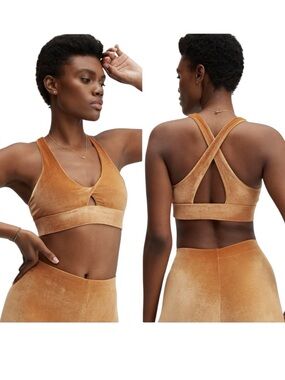 Fabletics Oasis Twist Velour Activewear Padded Sports Bra in Light Honey